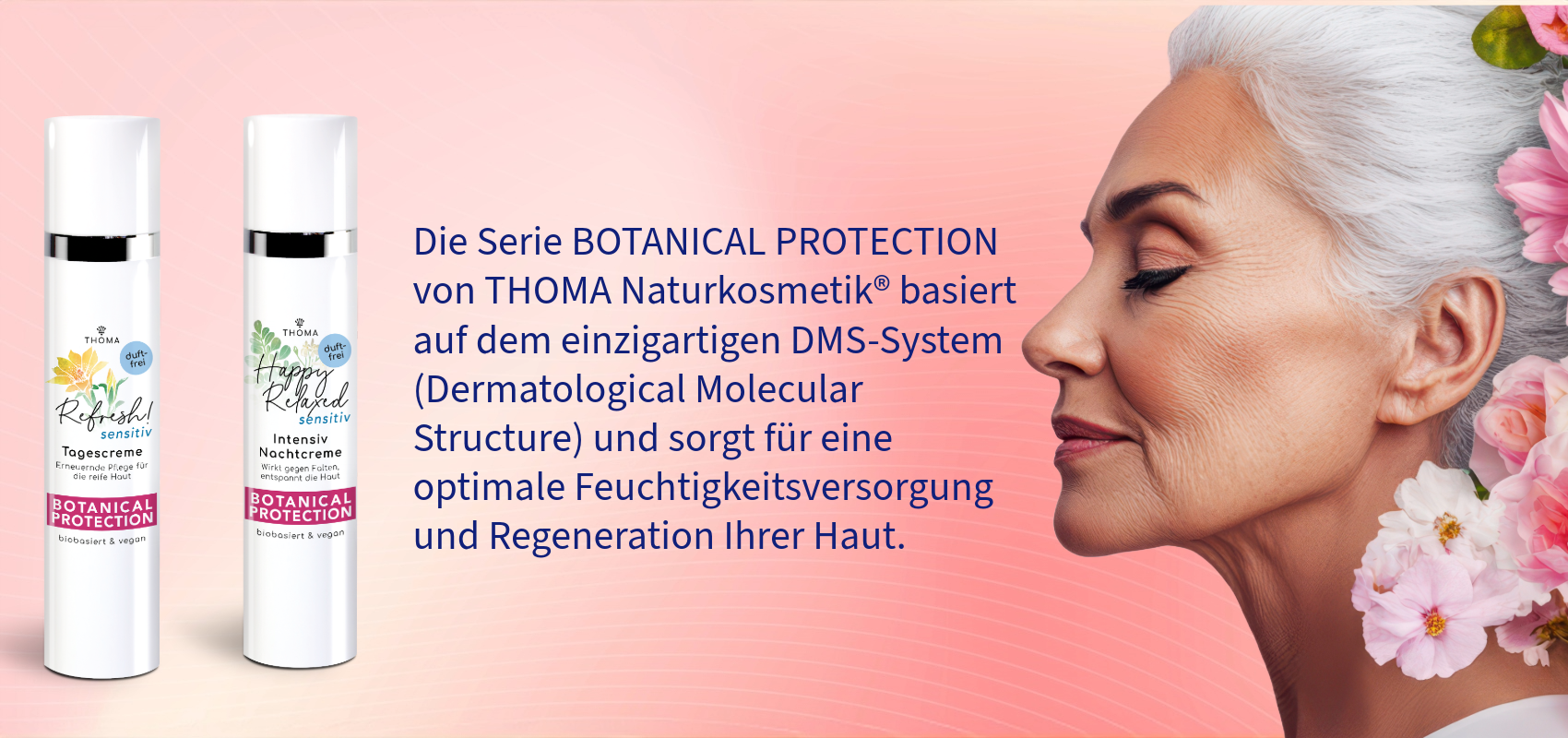 2 Airless-Spender mit unserer neuen Cremesorte Botanical Protection vor rosa Hintergrund und eine schöne Frau mit Blumen im Haar